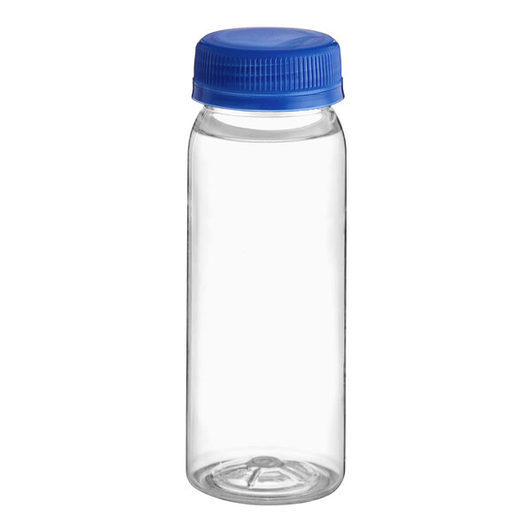 A clear plastic 4 oz. round PET bottle with a blue cap.