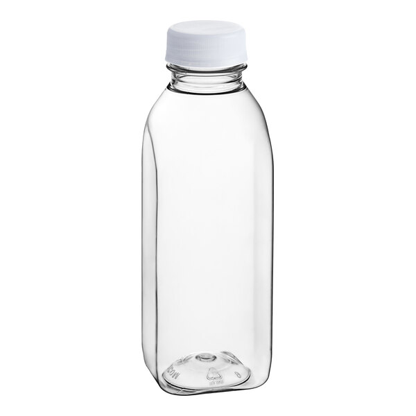 A clear plastic 16 oz. Square Milkman juice bottle with a clear lid.