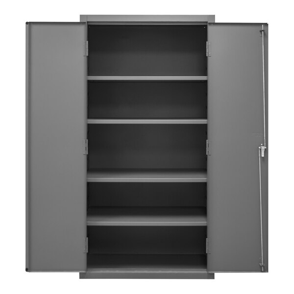 A gray metal shelf cabinet with open doors.