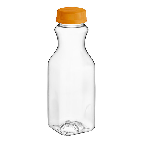 A clear plastic square carafe juice bottle with an orange lid.