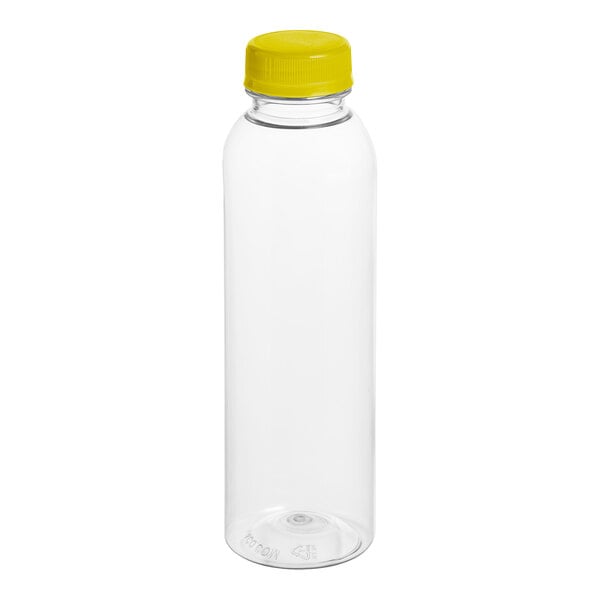 A clear plastic round juice bottle with a yellow lid.