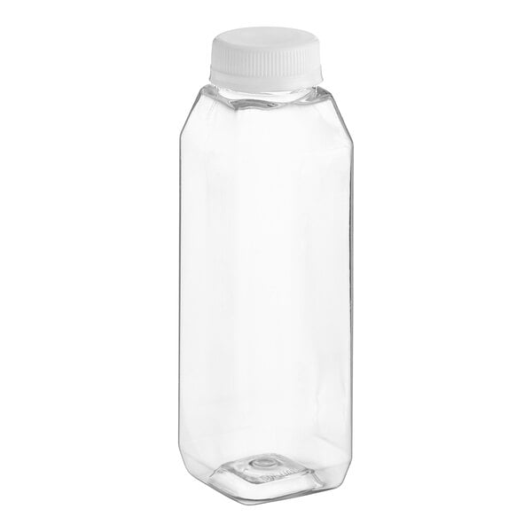 A clear plastic square juice bottle with a white cap.