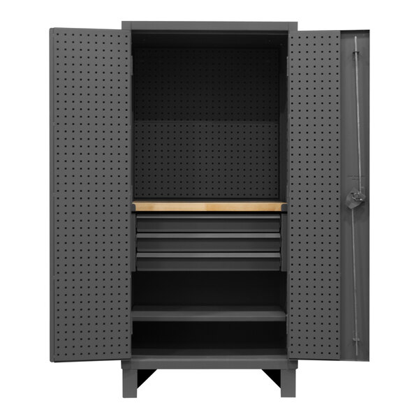 A gray metal Durham Mfg cabinet with shelves and pegboard panels.