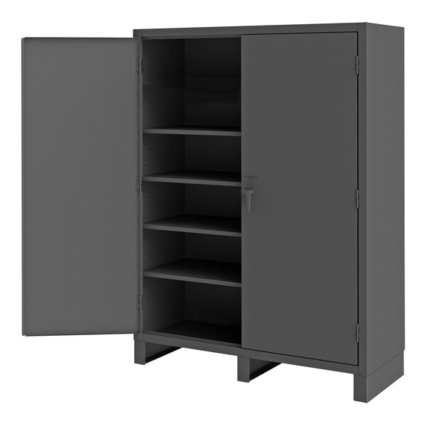 A grey metal Durham storage cabinet with open doors.