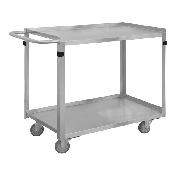 A silver stainless steel Durham stock cart with wheels.