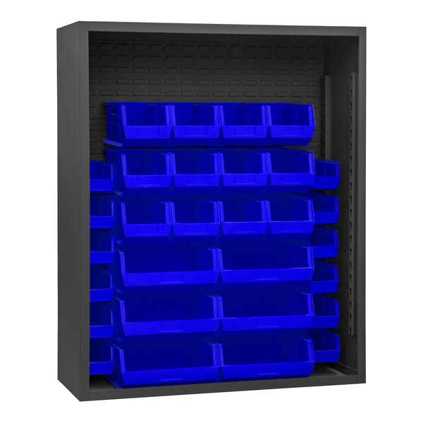 A 48" x 24" x 60" metal Durham storage cabinet with blue bins inside.