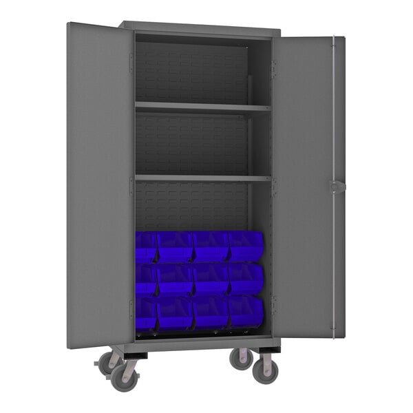 A metal Durham storage cabinet with blue bins on shelves.