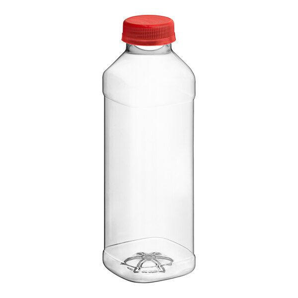 A clear plastic 16 oz. square juice bottle with a red lid.