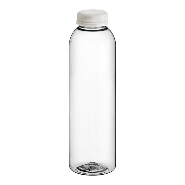 A clear plastic round juice bottle with a clear lid.