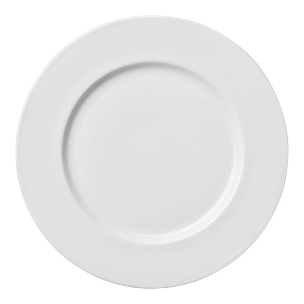 A Luzerne bright white porcelain plate with a wide rim and circular shape.