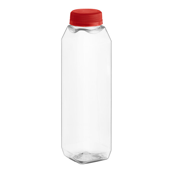 A 12 oz. clear rPET juice bottle with a red cap.