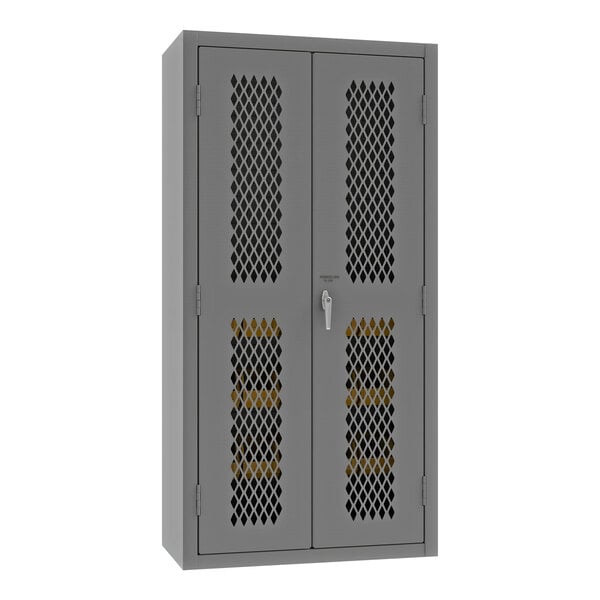 A grey steel Durham storage cabinet with ventilated doors.