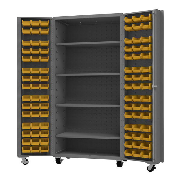 A grey metal Durham storage cabinet with yellow bins.