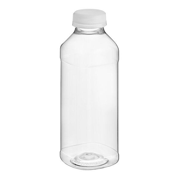 A clear plastic square juice bottle with a clear lid.