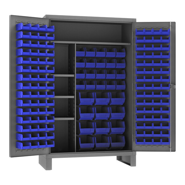 A large metal Durham maintenance cabinet with blue bins on the shelves.