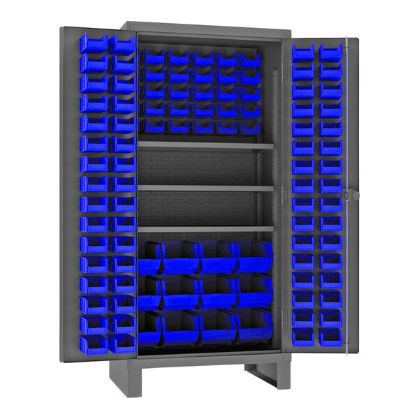 A Durham steel storage cabinet with blue bins on shelves.