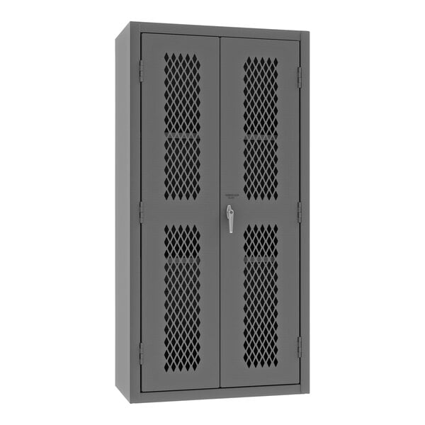 A Durham grey steel storage cabinet with ventilated doors.