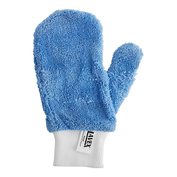 A blue mitten with white microfiber on one side.