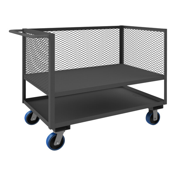 A Durham steel low-deck industrial cart with mesh shelves and polyurethane wheels.