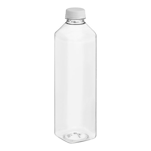 A clear plastic 32 oz. tall square juice bottle with a white lid.