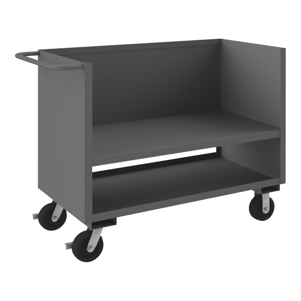A gray Durham Mfg industrial cart with wheels and a fixed solid shelf.