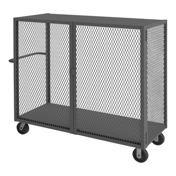 A large metal cart with wheels.