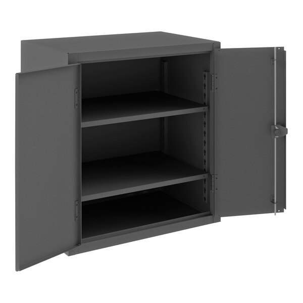 A gray metal shelf cabinet with open doors.