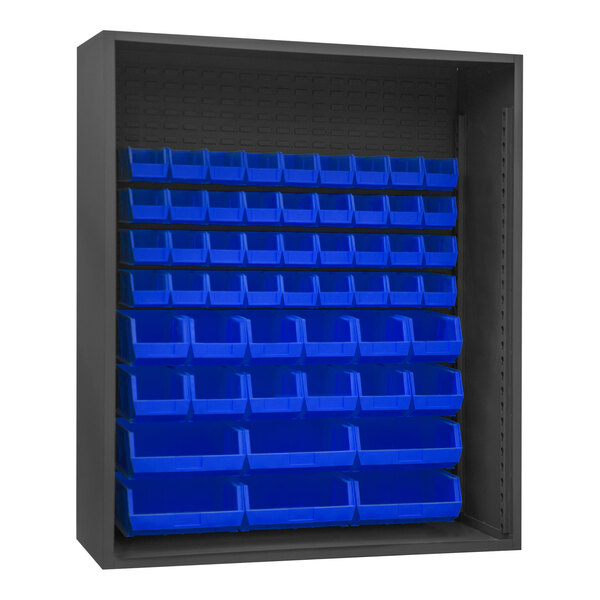 A metal cabinet with blue bins on shelves.