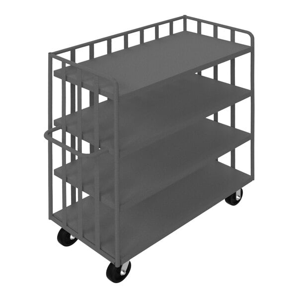 A gray metal Durham 4-shelf open portable cart with wheels.