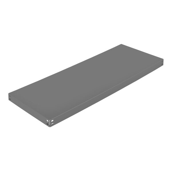 A grey rectangular Durham steel shelf with holes.