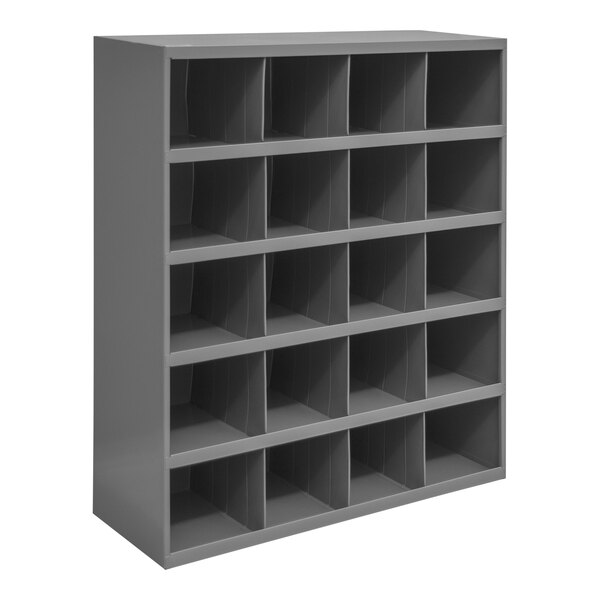 A grey Durham steel shelf with 20 openings.