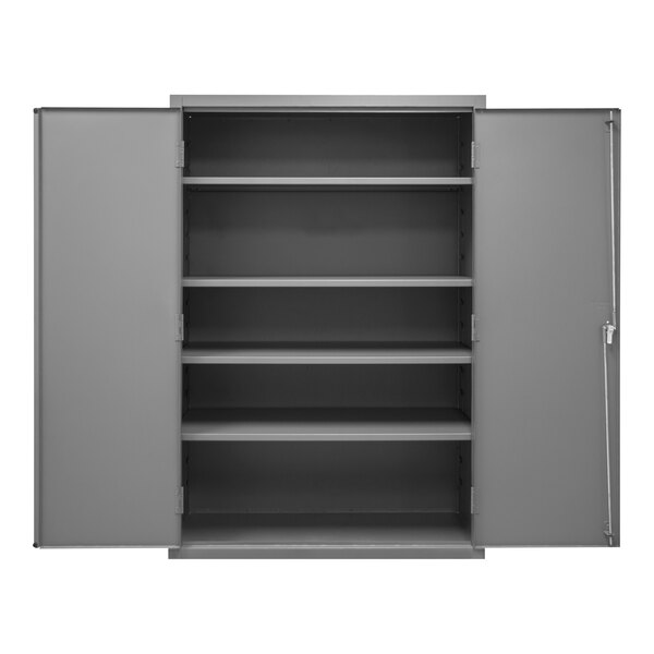 A gray metal cabinet with shelves and a lockable door.