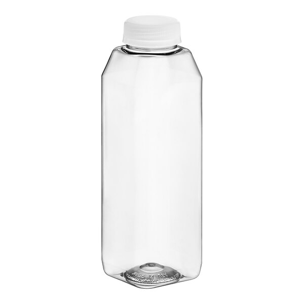 A clear plastic 16 oz. tall square juice bottle with a clear lid.