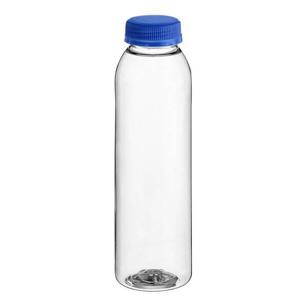 A clear juice bottle with a blue cap.