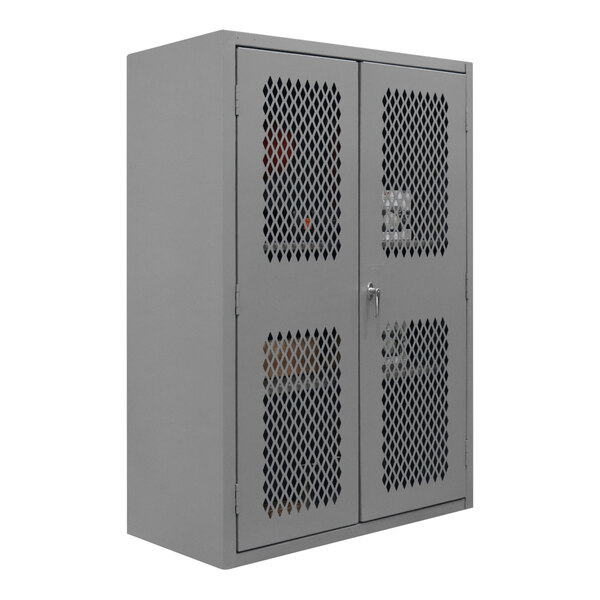 A grey metal cabinet with a door open.