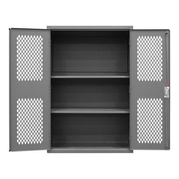 A grey metal cabinet with shelves and a lockable door.