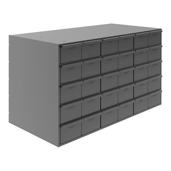 A large grey Durham steel storage cabinet with drawers.