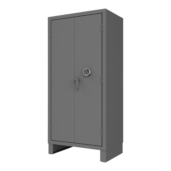 A grey metal Durham Mfg storage cabinet with a ProLogic electronic lock.
