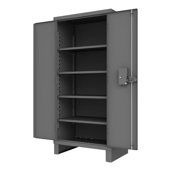 A grey Durham steel storage cabinet with open doors revealing shelves.