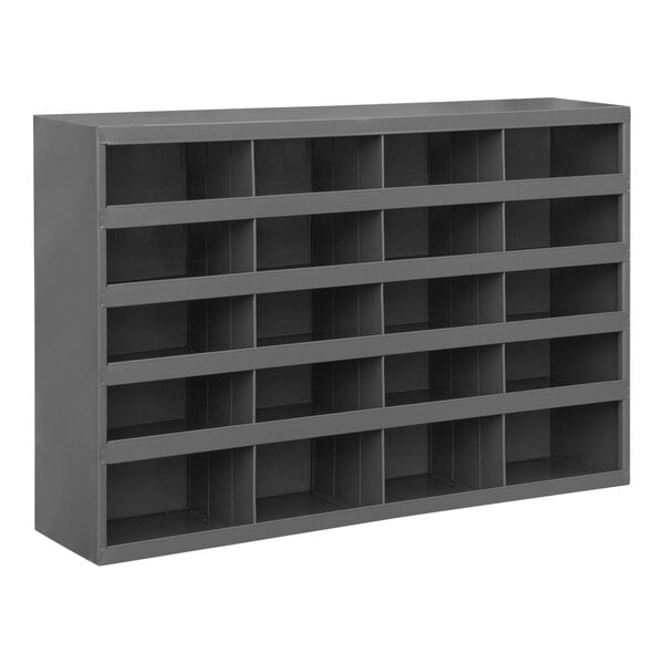 A grey metal Durham Mfg storage shelf with 20 compartments.