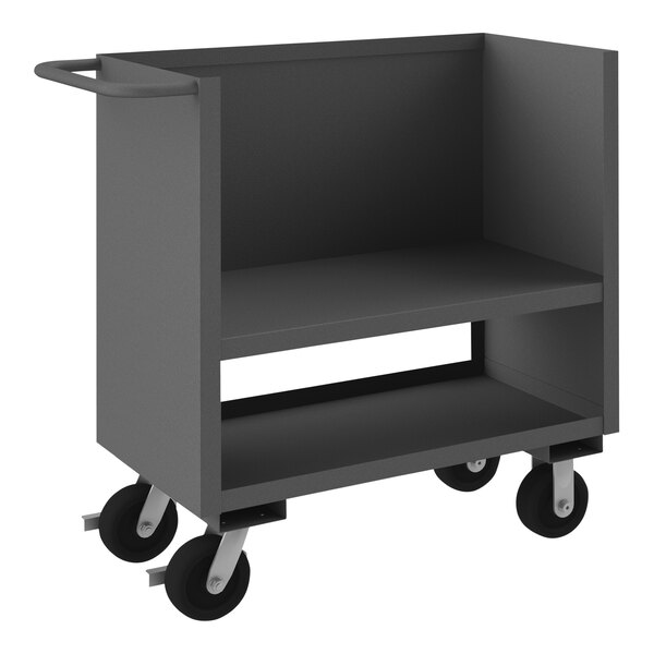 A gray Durham Mfg industrial cart with two fixed shelves and wheels.