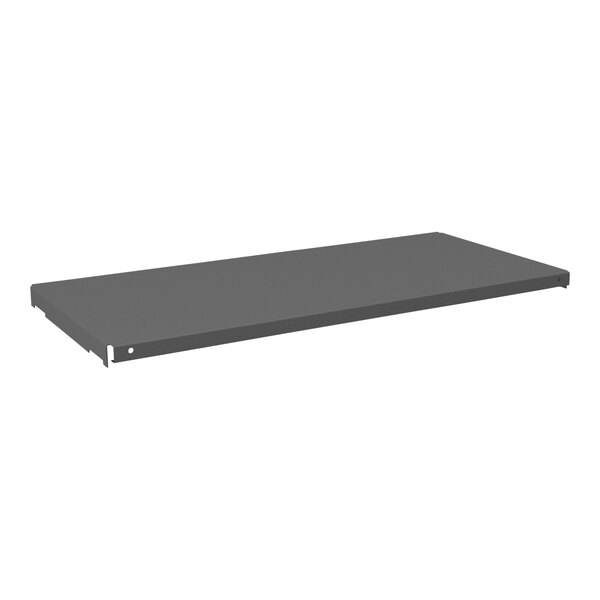 A grey metal Durham Manufacturing shelf with holes in a rectangular shape.