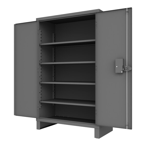 A grey Durham Manufacturing steel cabinet with open doors and shelves.