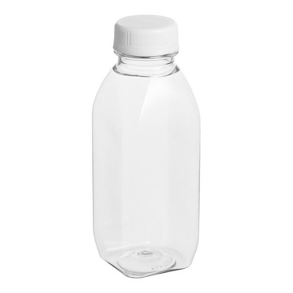 A clear plastic 12 oz. Square Milkman juice bottle with a white lid.