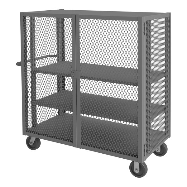 A gray metal Durham cage truck with three shelves.