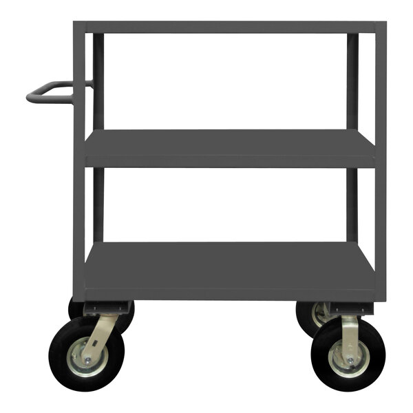 A gray Durham stock and order picking cart with three shelves and wheels.