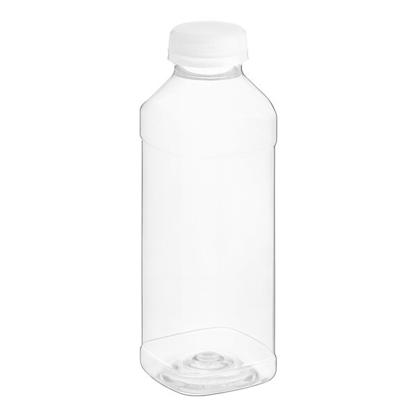 A clear plastic square juice bottle with a clear lid.