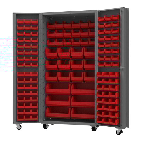 A large gray metal Durham storage cabinet with red bins.