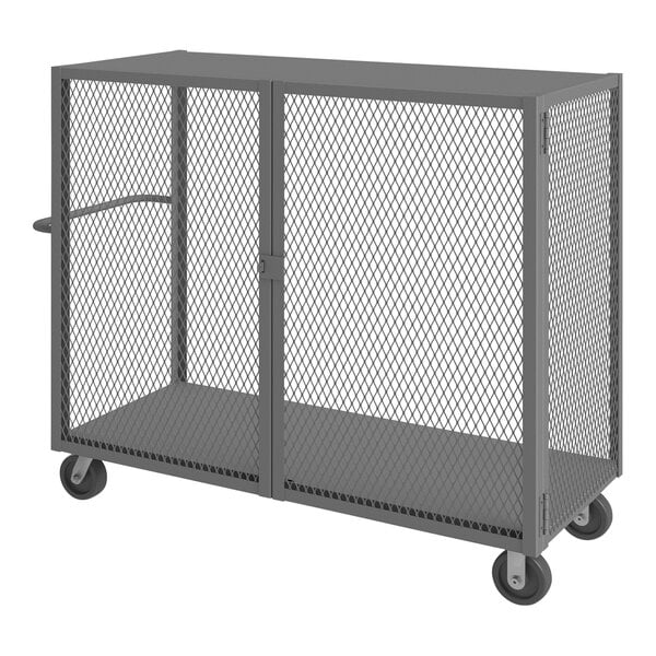 A grey Durham Mfg steel low-deck cage truck with wheels.