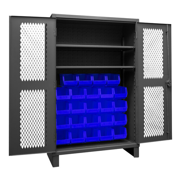 A Durham metal storage cabinet with blue bins inside.